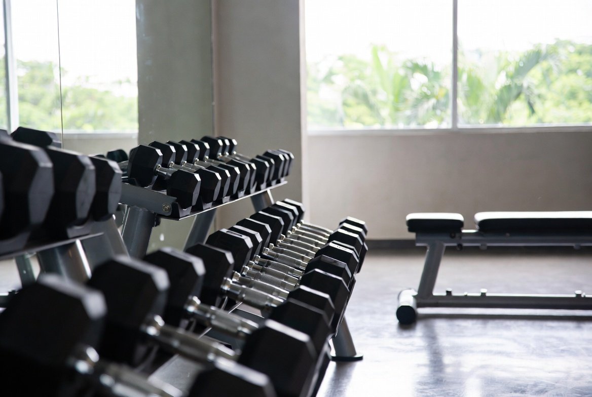 Weight plates, dumbbells and a workout bench in a clean Singapore gym.